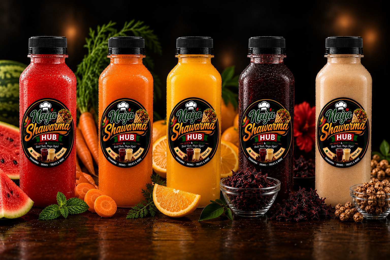 Naija Shawarma Hub bottled watermelon, carrot, orange, zobo, and tiger nut drinks