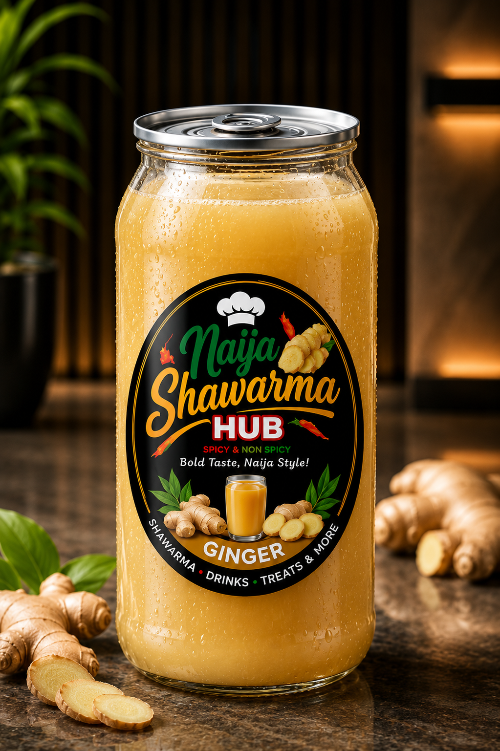 House-made ginger drink with fresh ginger root