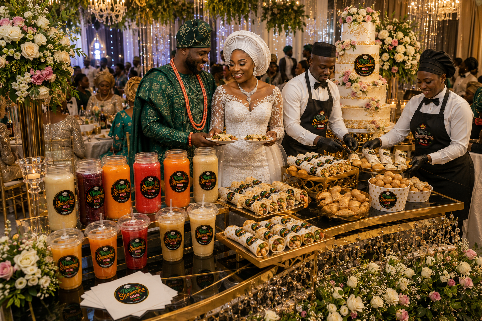 Naija Shawarma Hub wedding catering spread with bride and groom